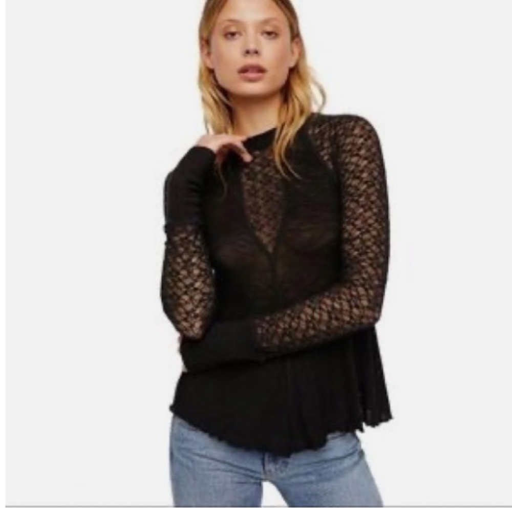 Intimately Free People No Limit Black Lace long sleeve top illusion v neck